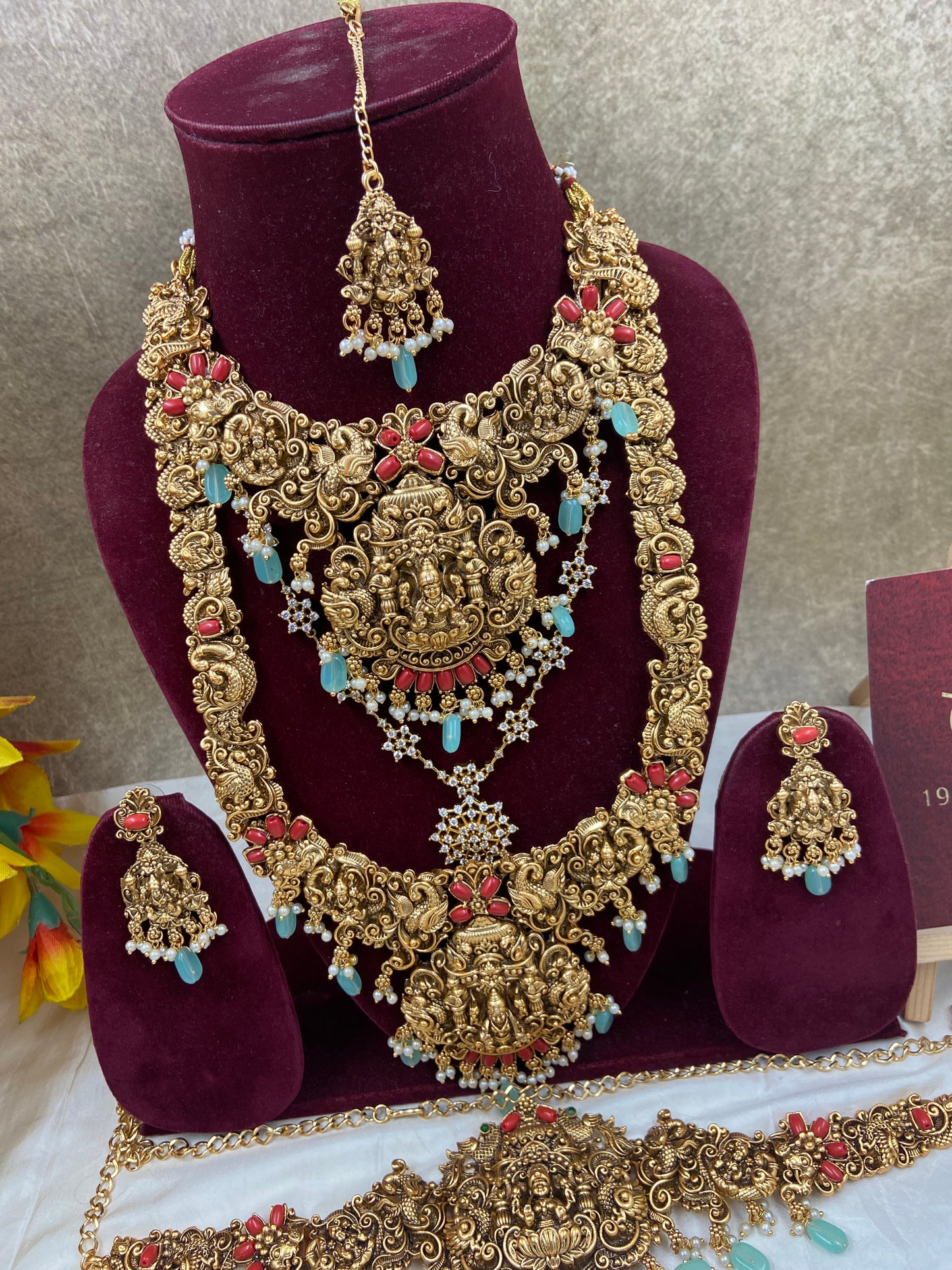 Coral and emerald semi bridal jewellery Sb442