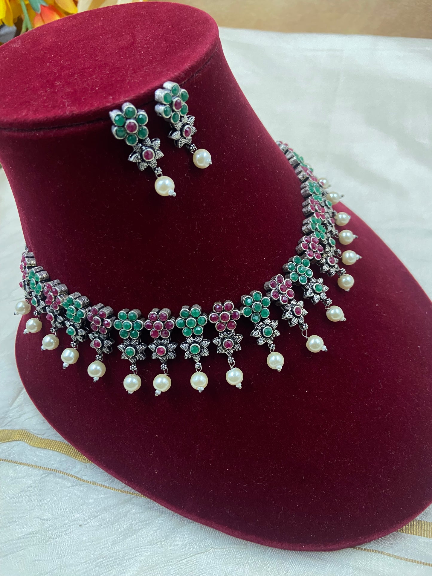 Silver floral necklace Ge014