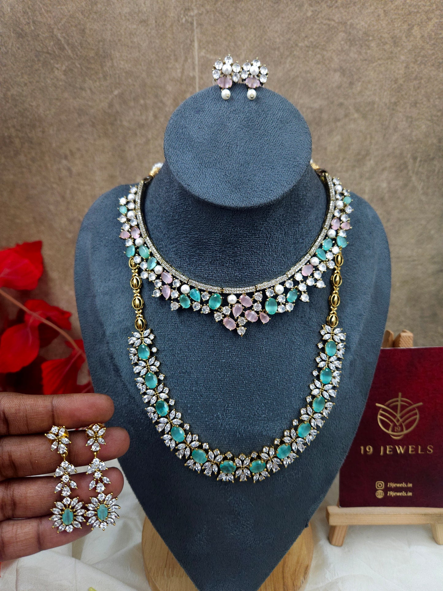 Premium cz teal cz necklace N1077