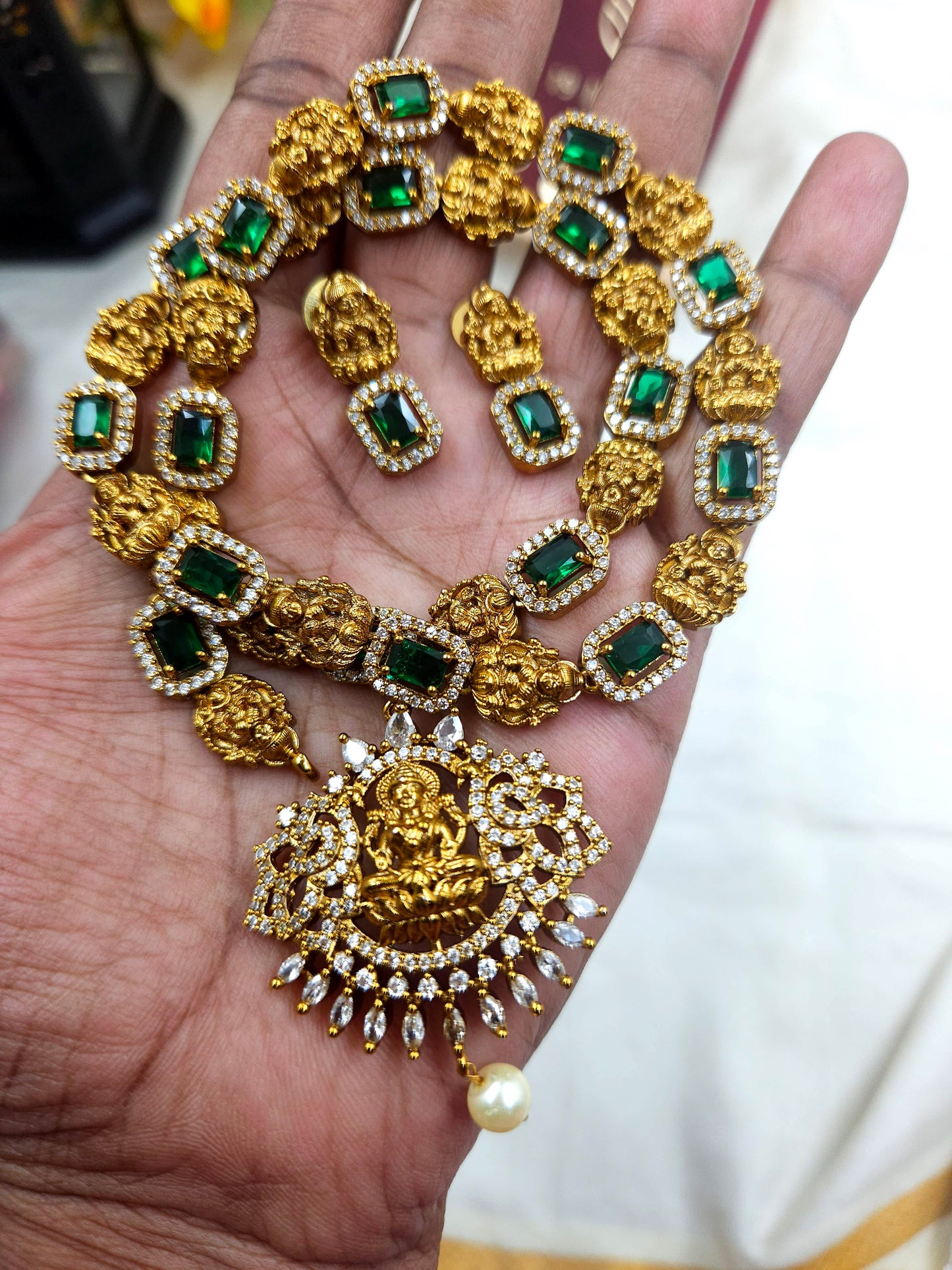 Emerald green cz long lakshmi haram N762