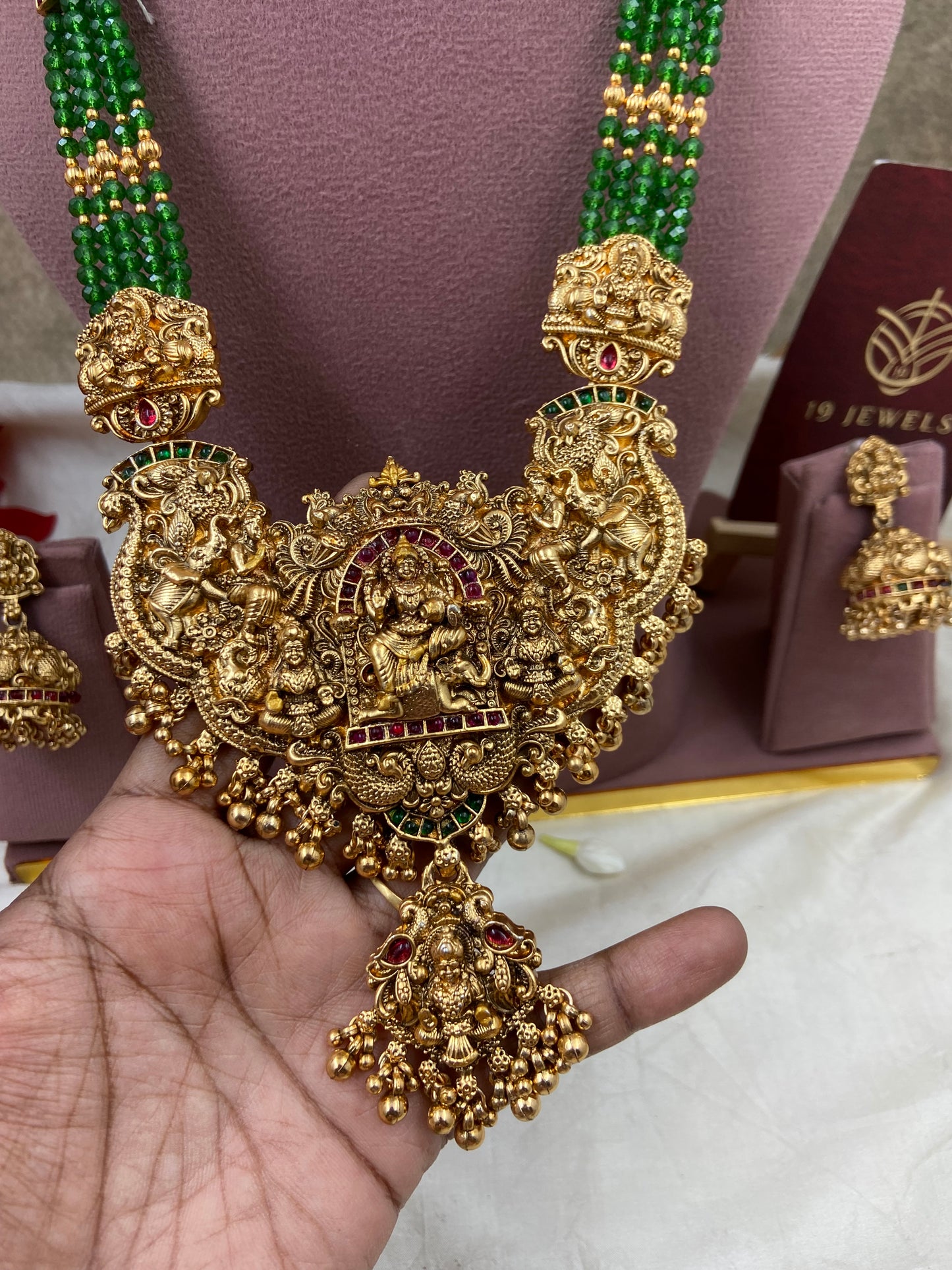 Long green beaded Lakshmi locket haram N1063