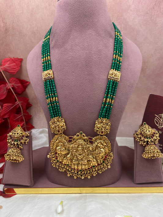 Green beaded long Lakshmi locket haram N1092
