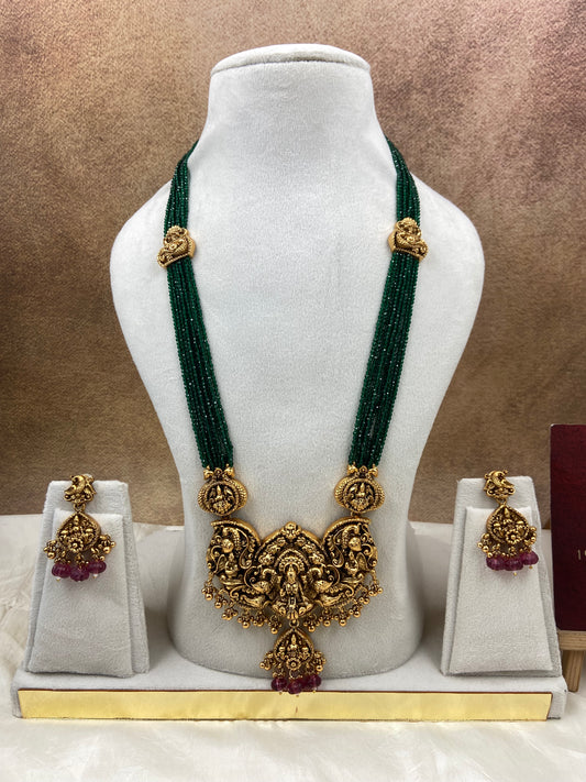 Green crystal bunch Lakshmi long haram N1687-C3
