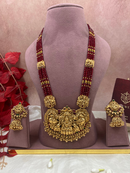 Red beaded long lakshmi locket haram N1091