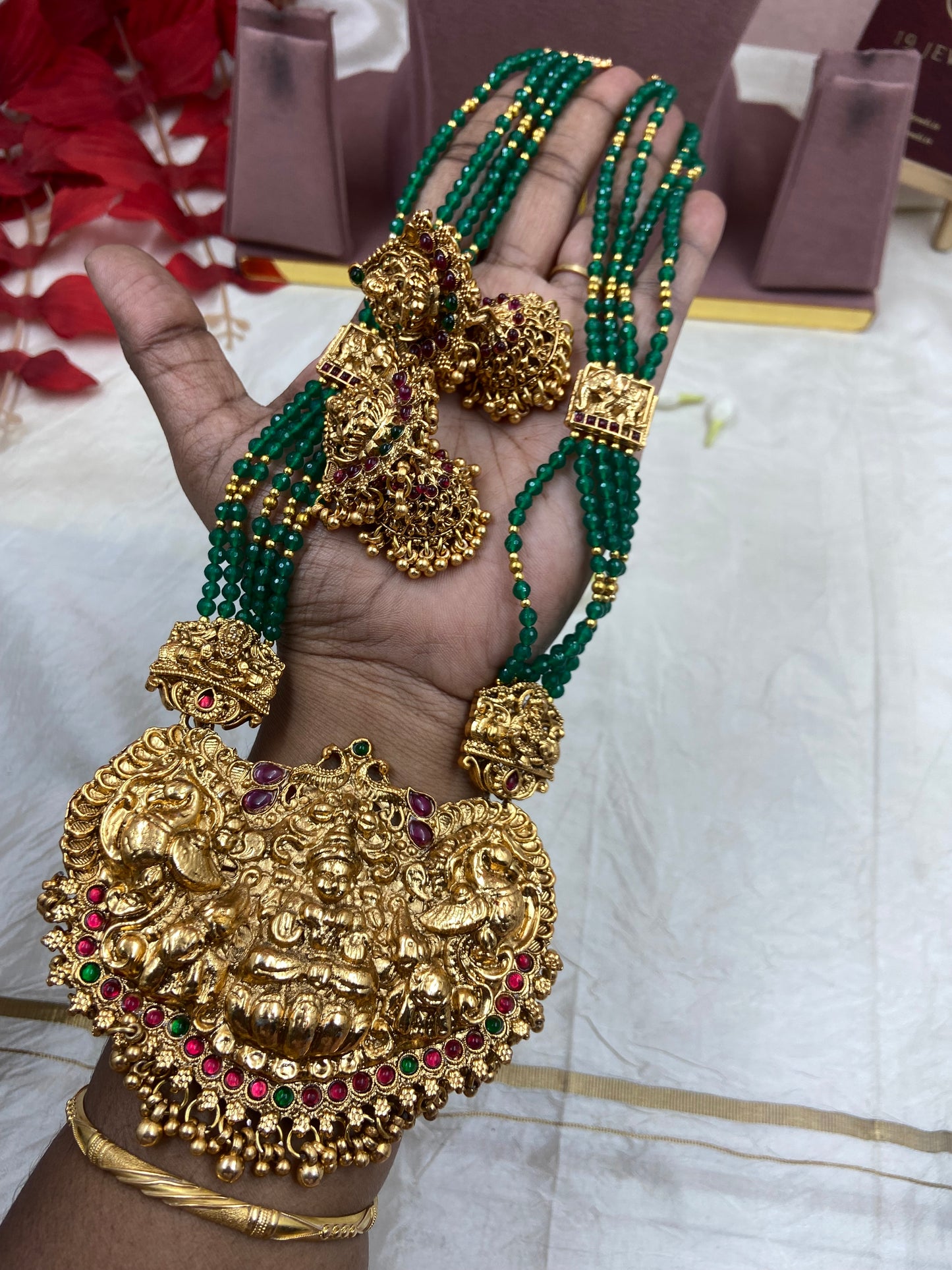 Green beaded long Lakshmi locket haram N1092