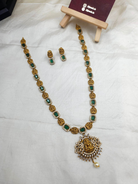 Emerald green cz long lakshmi haram N762
