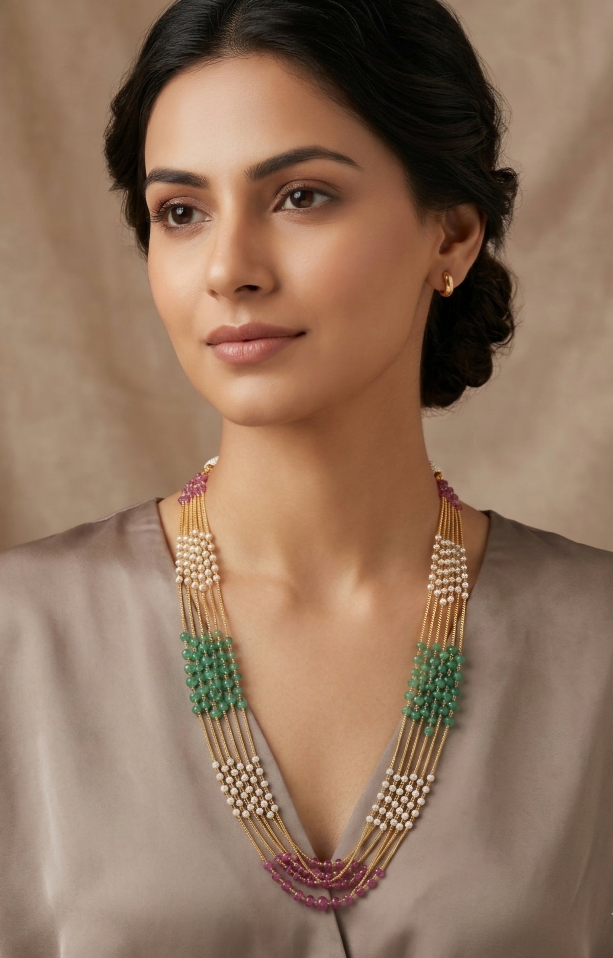 Multi strand pearls ruby emerald haram N936-A8