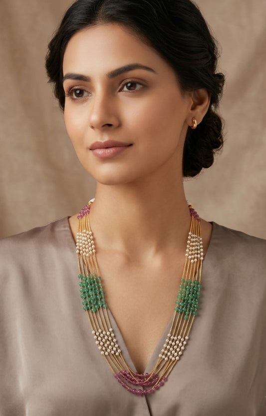 Multi strand pearls ruby emerald haram N936-A8