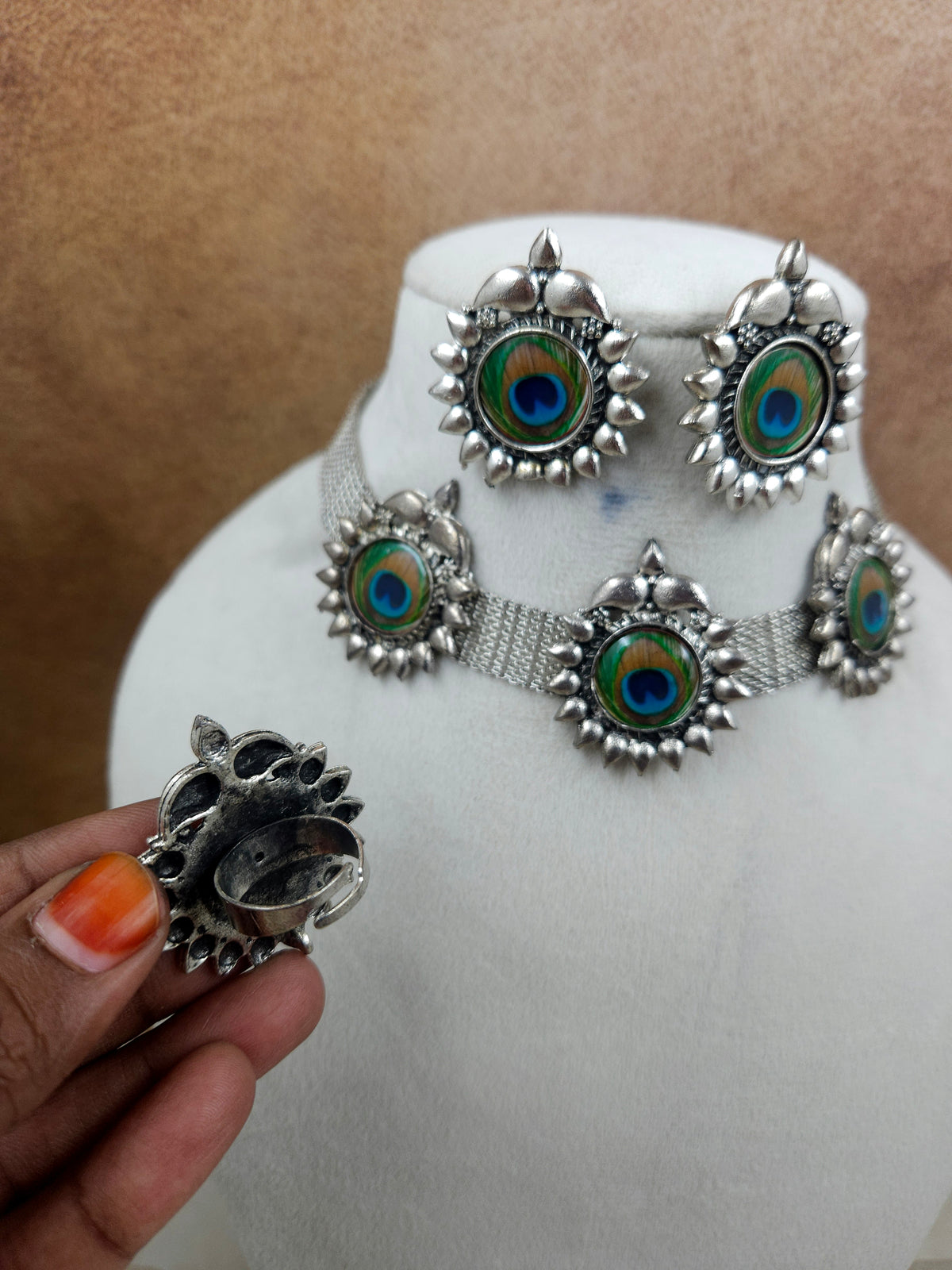 Peacock theme Silver neckalce with finger ring Ge065