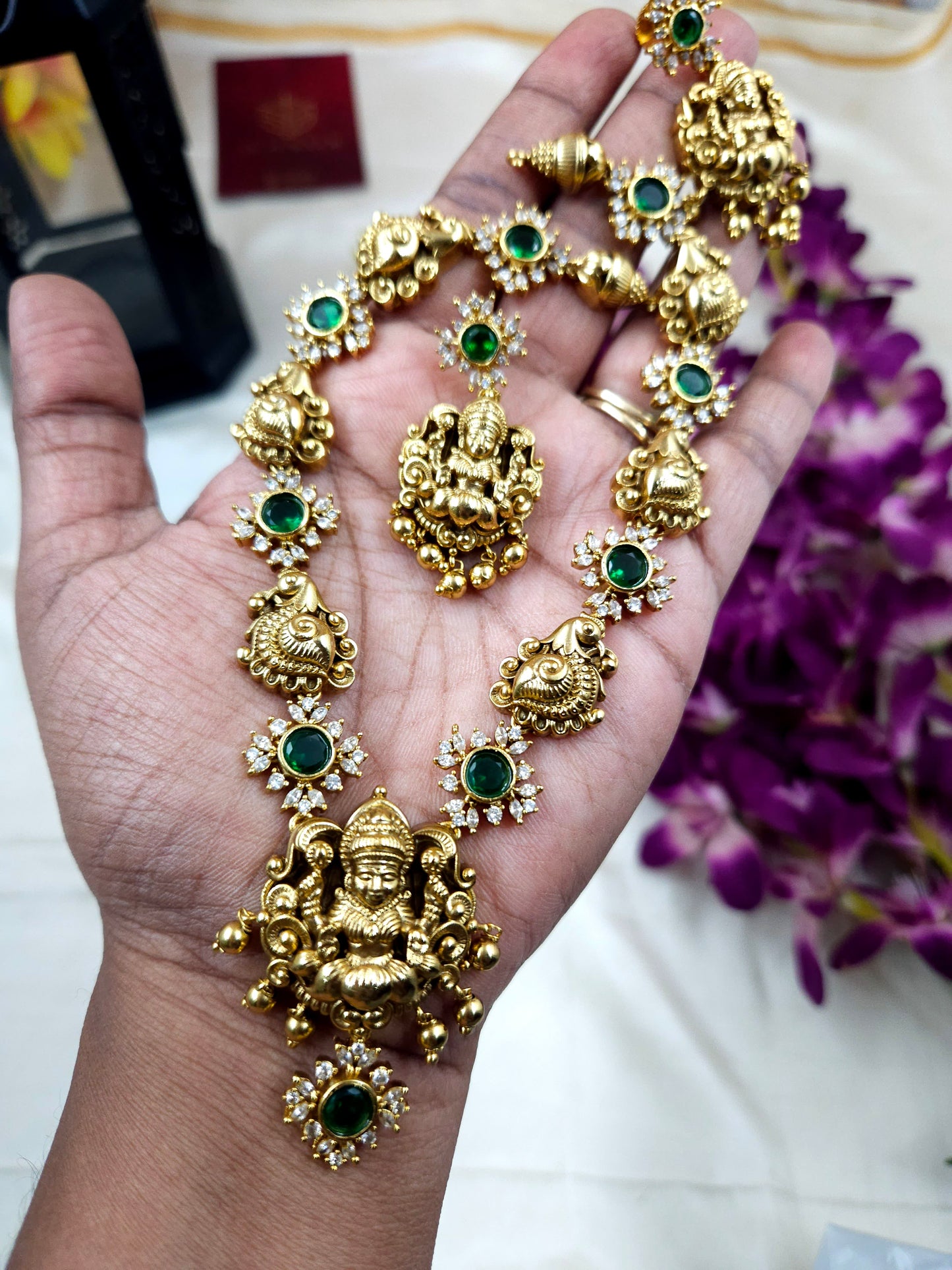 Premium emerald cz lakshmi necklace N644