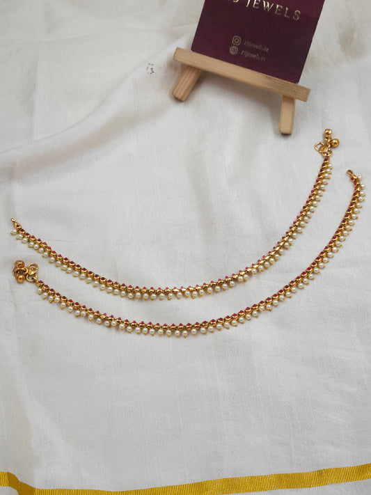 Red stone pearl hang Anklet An075