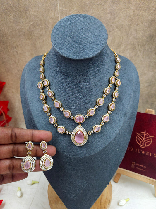 Premium baby pink stone 2 step necklace N1039