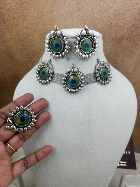 Peacock theme Silver neckalce with finger ring Ge065-K4